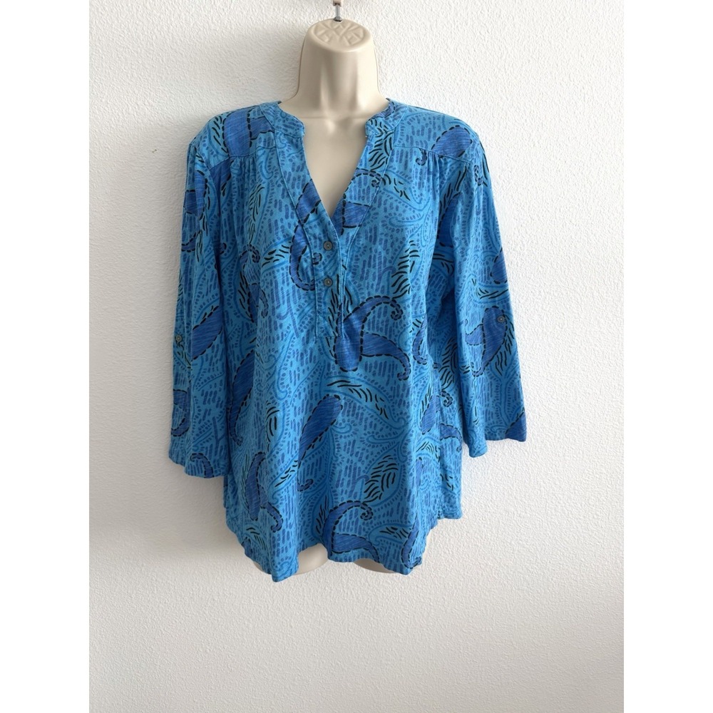 Fresh Produce Tunic Top 100% Cotton XL Blue Paisley 3/4 Sleeves Lightweight
